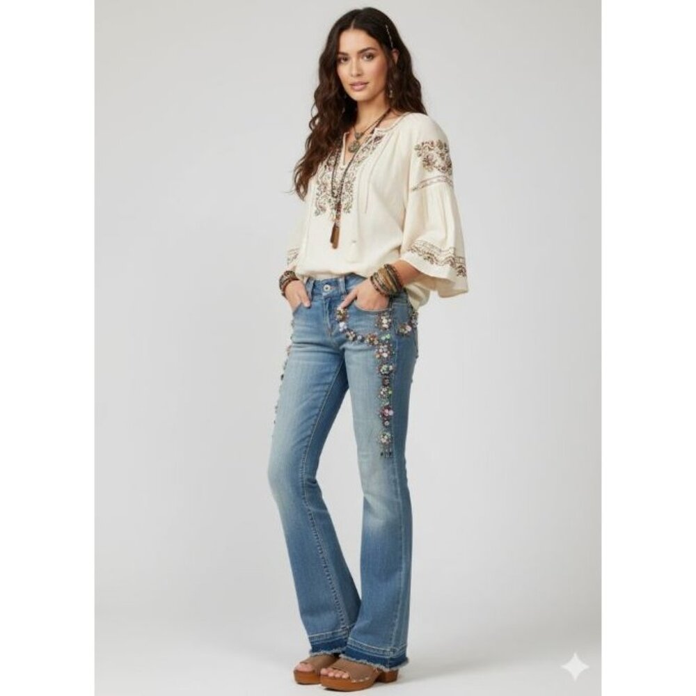NWT Issue Denim Embellished Beads Vintage Mid Rise Jeans Boot Cut Women's 26